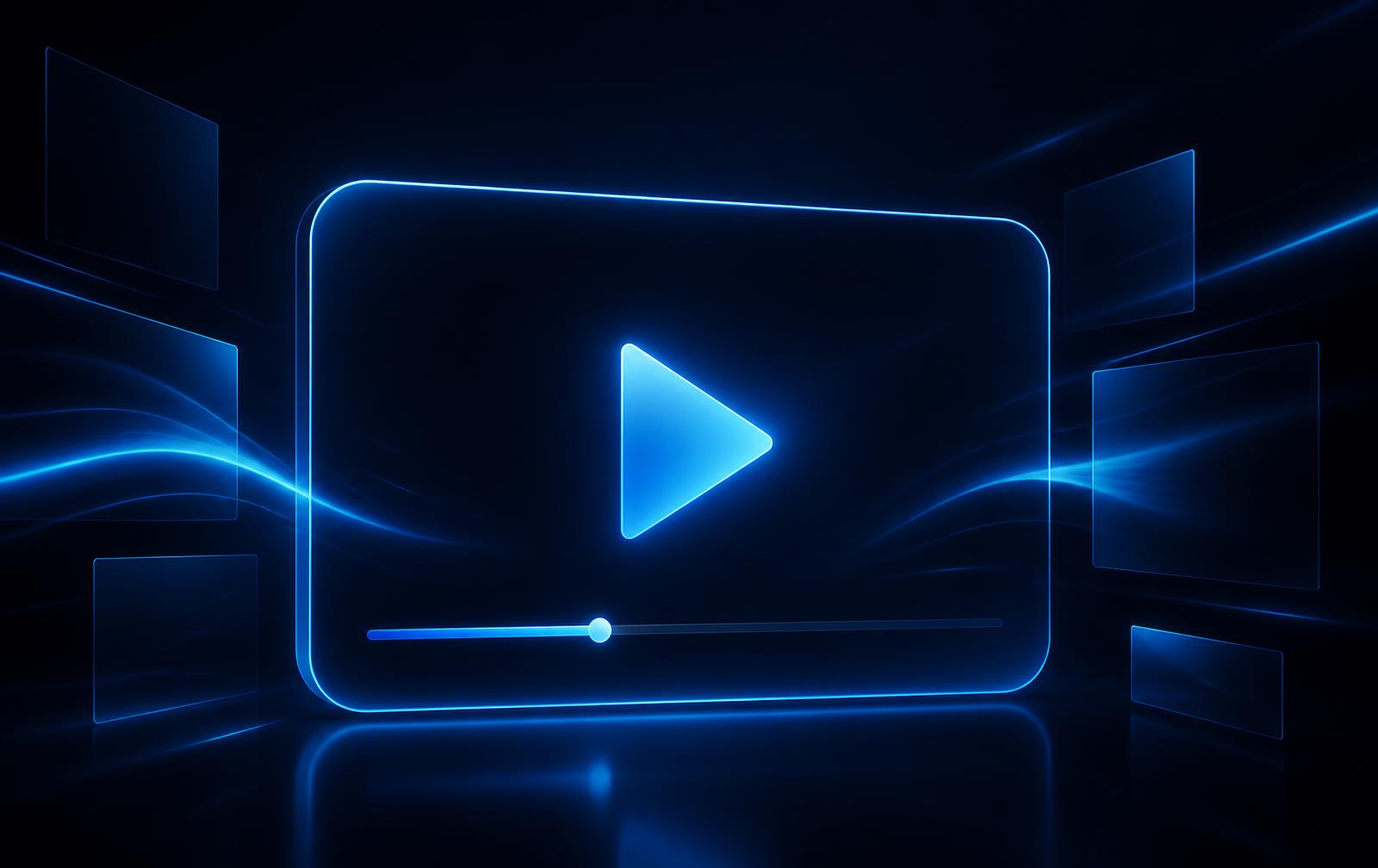 A glowing video player frame with a play button and progress bar